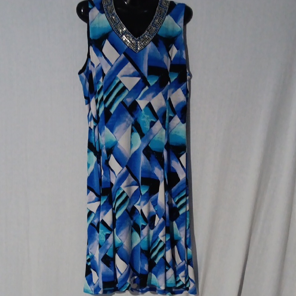 JM Collection Blue V-Neck Sleeveless Sequin Bead Midi Dress Large Layered Bust